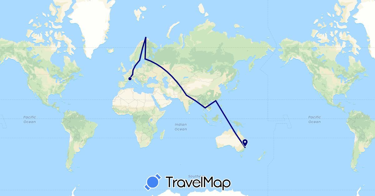 TravelMap itinerary: driving in Australia, Switzerland, China, Germany, Denmark, Finland, France, India, Norway, Sweden, Thailand (Asia, Europe, Oceania)